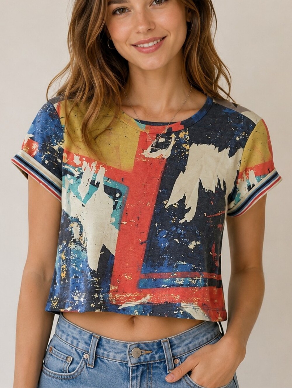 FOR KEEPS Abstract Rainbow Cropped Short Sleeve Baddie Box T-shirt Small